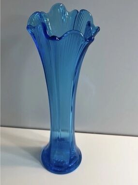 Mid Century Modern Fenton Stretch Blue Ribbed Swung Ruffed Tall Vase MCM